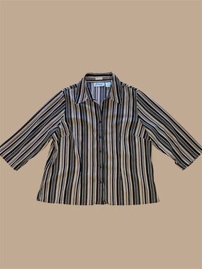 Joanna Black and Tan Vertical Striped Button Down Collared Shirt w Black Buttons